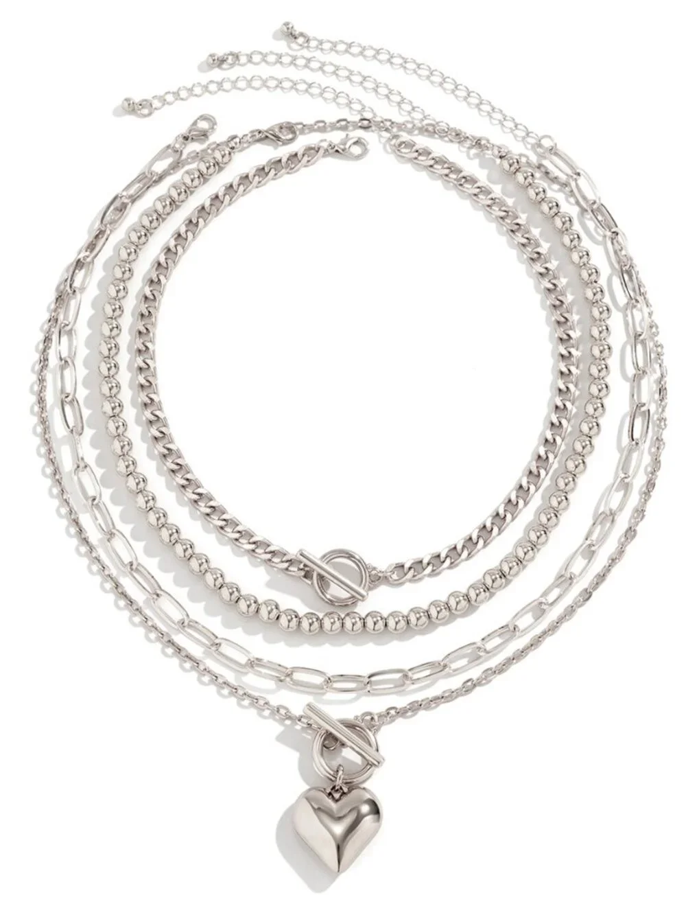 Multi Layer Toggle Clasp Chain Necklace Heart Pendant Ball Bead Paperclip Stacka